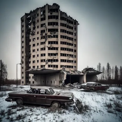 Prompt: Abandoned 1960s Soviet building with a collapsed wall crushing a car outside.