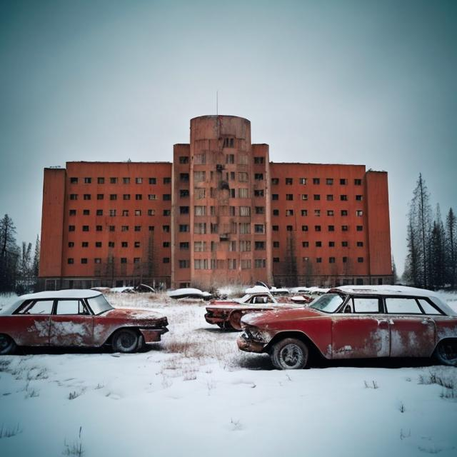 Prompt: Abandoned 1960s Soviet hotel colored red with abandoned Soviet cars in the parking lot from the 1960s with snow in the background.