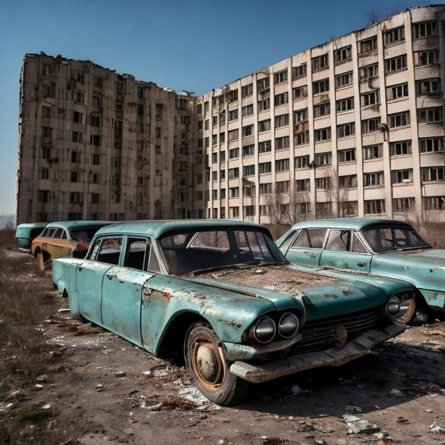 Prompt: Abandoned 1960s Soviet hotel with abandoned Soviet cars in the parking lot from the 1960s.