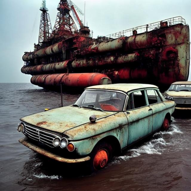 Prompt: Old Soviet cars from the 1960s sinking in an abandoned Soviet oil rig.