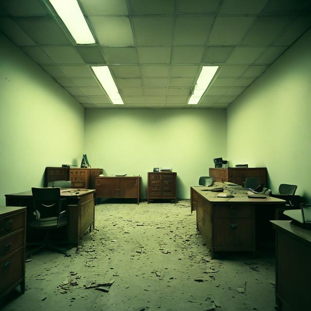 Prompt: Backrooms style office space with windows and 1960s Soviet technology and is abandoned and is a light dark liminal space.