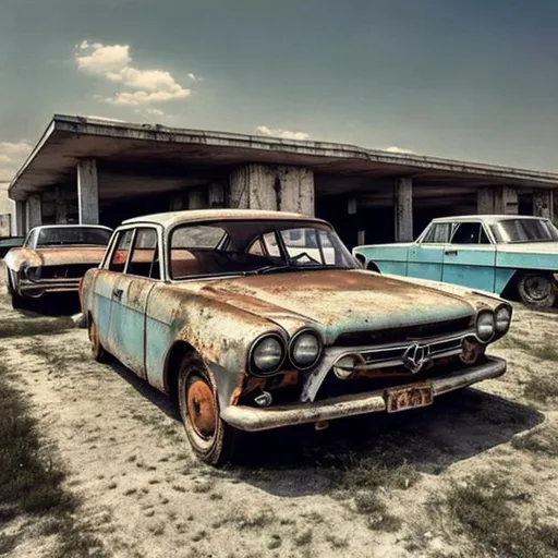 Prompt: Soviet cars from the 1960s sitting abandoned in a rusty abandoned Soviet car dealership from the 1960s.