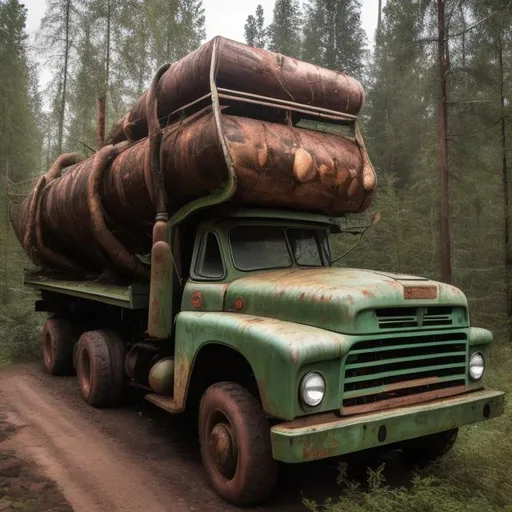 Prompt: Abandoned 1960s Soviet logging truck that is slightly tilted over in the forest and is still carrying a giant log on it that was never used.