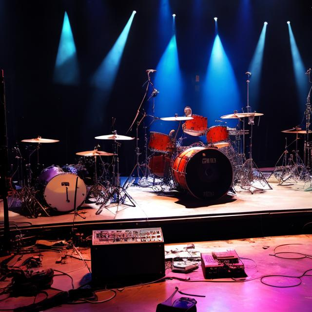 Prompt: Band equipment sitting on an empty damaged stage on a planet close to earth.