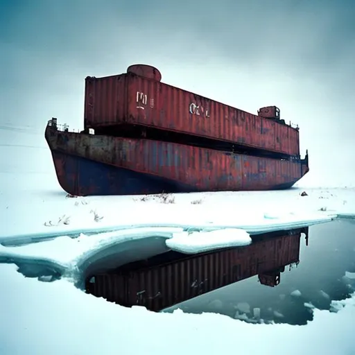 Prompt: An old Soviet container ship from the 1960s rotting away tilted in an ice sheet near snowy land with it's containers spilling out the old 1960s Soviet cars that it is carrying.