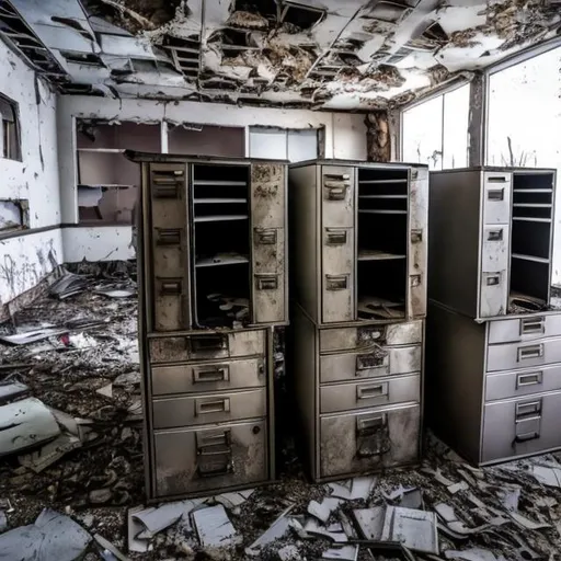 Prompt: Multiple collapsed metal file cabinets in an old abandoned Soviet office room.