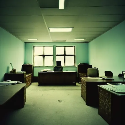 Prompt: Backrooms style office space with windows and 1960s Soviet technology and is abandoned and is a light dark liminal space.