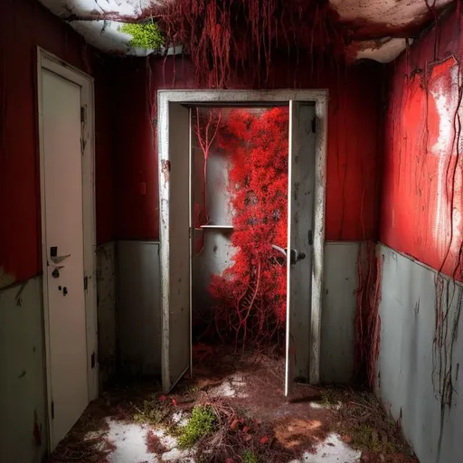Prompt: Abandoned deep Root disease containment room Gemini Home Entertainment with its entrance door sealed shut with red roots growing around it trying to break free.