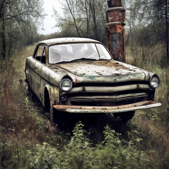 Prompt: An old abandoned crashed Soviet car from the 1960s with a pole sticking through it.