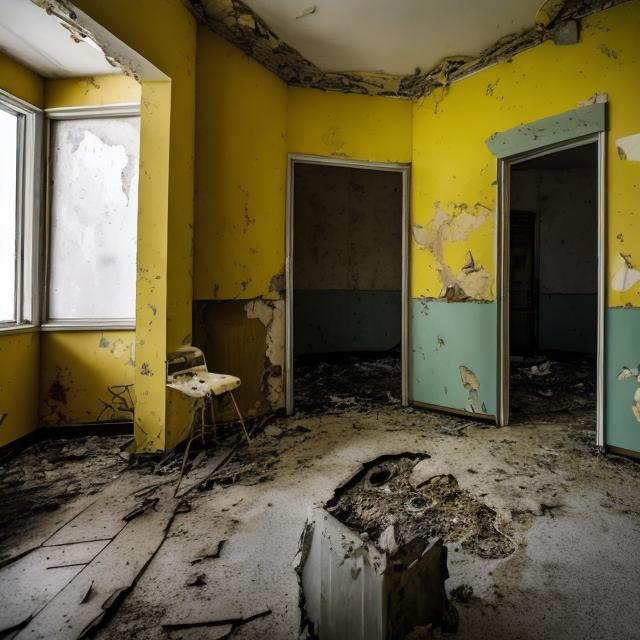 Prompt: An abandoned childrens yellow room in an abandoned Soviet home from the 1960s that has an old 1960s Soviet car crashed through it and a big gaping hole in the wall.