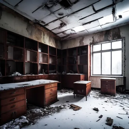 Prompt: Creepy old damp abandoned 1960s office from the Soviet Union during heavy winter snow with many things that have fallen over inside such as cabinets and tables liminal space.