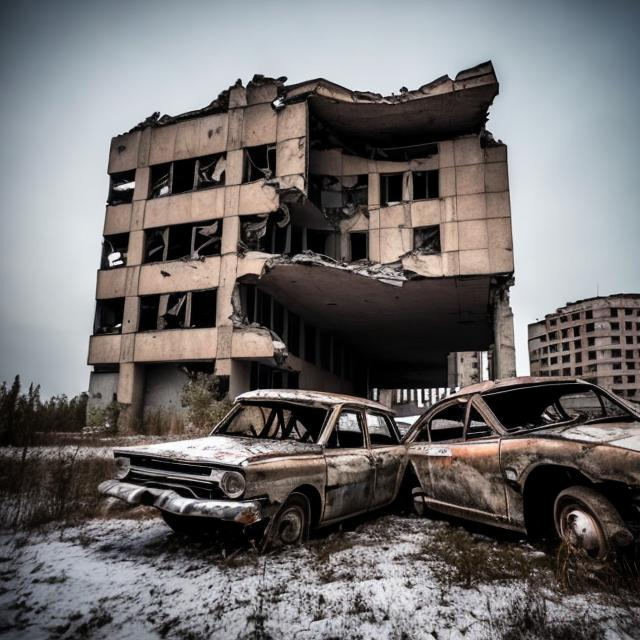 Prompt: An old abandoned collapsed Soviet building that is crushing several old cars.