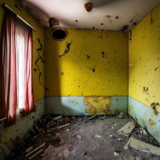 Prompt: An abandoned childrens yellow room in an abandoned Soviet home from the 1960s that has an old 1960s Soviet car crashed through it and a big gaping hole in the wall.