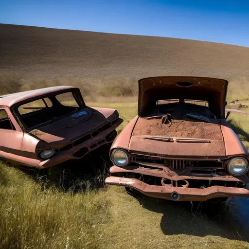 Prompt: Old abandoned 1960s Soviet cars flipped over on a hill with water seeping out.