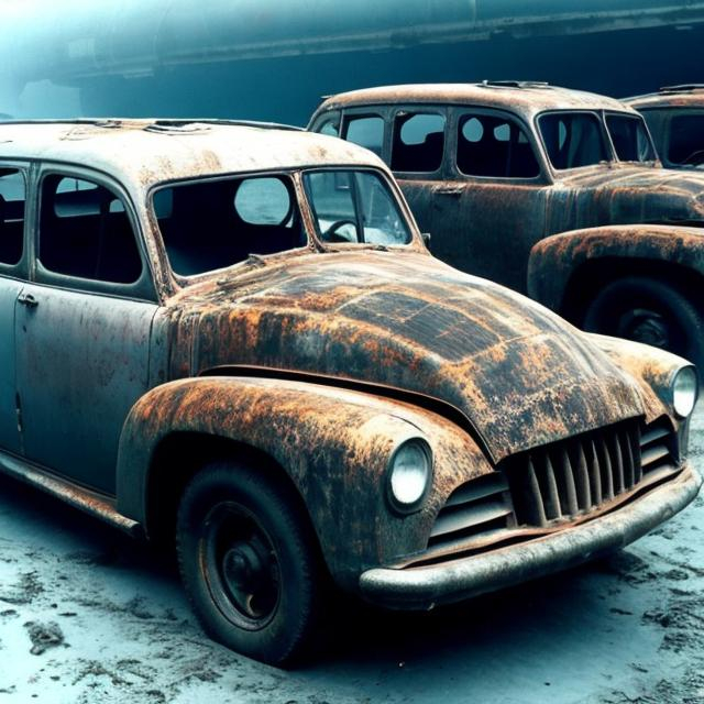 Prompt: Old cars being lifted up from the Mariana Trench,completely stripped of all colors and containing hundreds of bite marks.