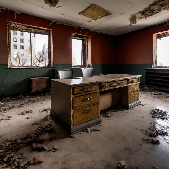 Prompt: Abandoned dusty desk with old papers on it in an abandoned Soviet office building from the 1960s with an abandoned Soviet car from the 1960s in the far corner of the room.