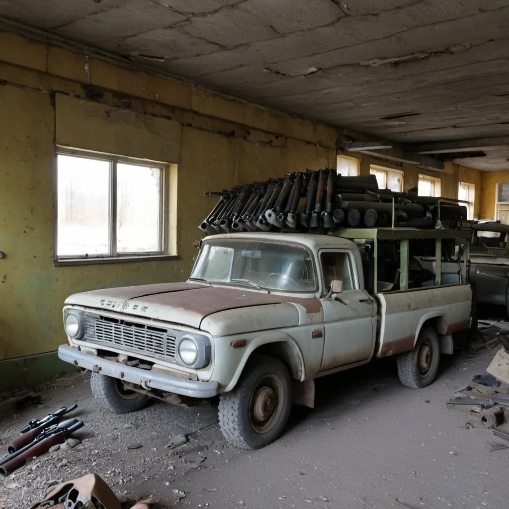 Prompt: Abandoned Soviet 1960s gun shop with some guns still inside and a work truck carrying some guns still inside.