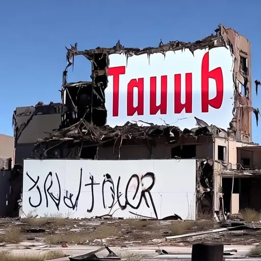 Prompt: A old torn down YouTube billboard with very disfigured writing collapsed on the roof of the abandoned YouTube headquarters.