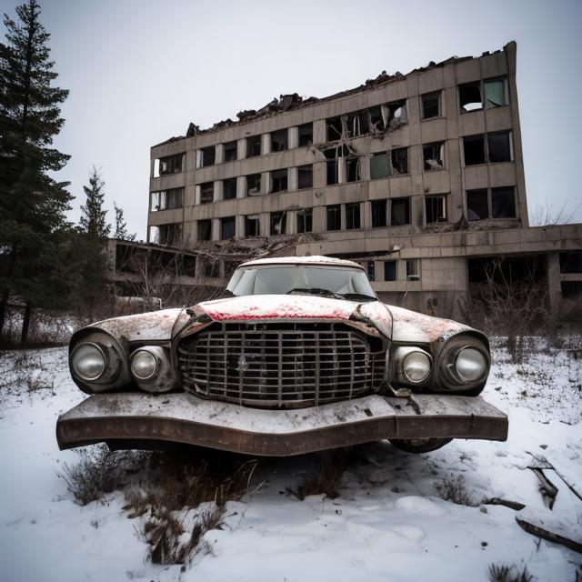 Prompt: Old abandoned Soviet 1960s car flipped over in an abandoned Soviet radio building in the 1960s with collapsed sections of the roof of the building and snow around the place and in the place.