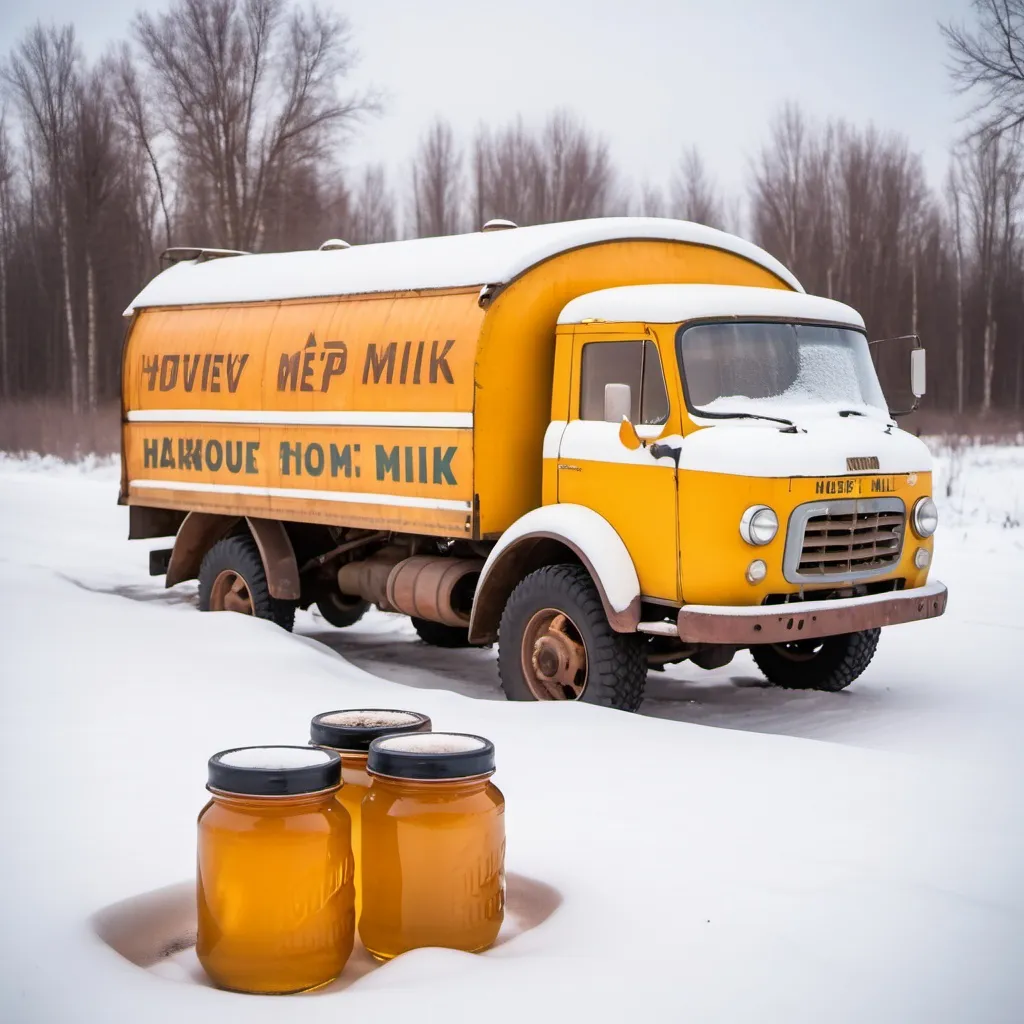 Prompt: Abandoned honey and milk truck from the Soviet Union 1960s sitting on the side of an abandoned road with snow everywhere with some old jars honey and milk still inside.