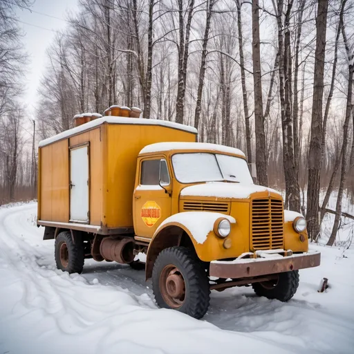 Prompt: Abandoned honey and milk truck from the Soviet Union 1960s sitting on the side of an abandoned road with snow everywhere with some old jars honey and milk still inside.