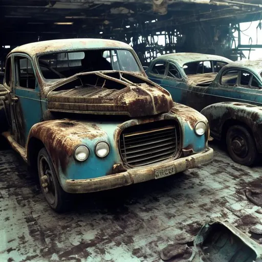 Prompt: Old cars being lifted up from the Mariana Trench,completely stripped of all colors and containing hundreds of bite marks.