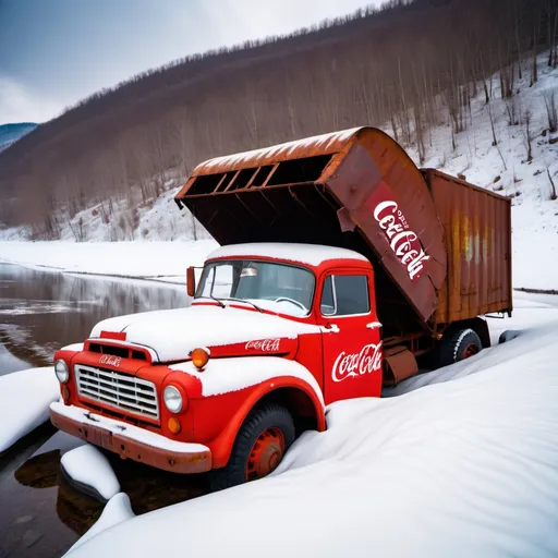 Prompt: Abandoned Soviet truck full of Coca Cola from the 1960s on a snowy hillside that is flipped over on the side and spilling its contents out and very rusty and slightly in a frozen river and lake.