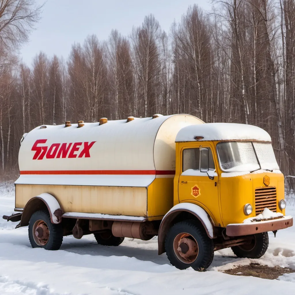 Prompt: Abandoned honey and milk truck from the Soviet Union 1960s sitting on the side of an abandoned road with snow everywhere with some old jars honey and milk still inside.