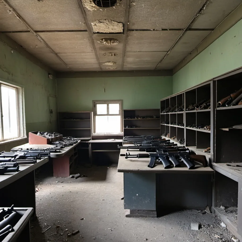 Prompt: Abandoned Soviet 1960s gun shop with some guns still inside and a work truck carrying some guns still inside.