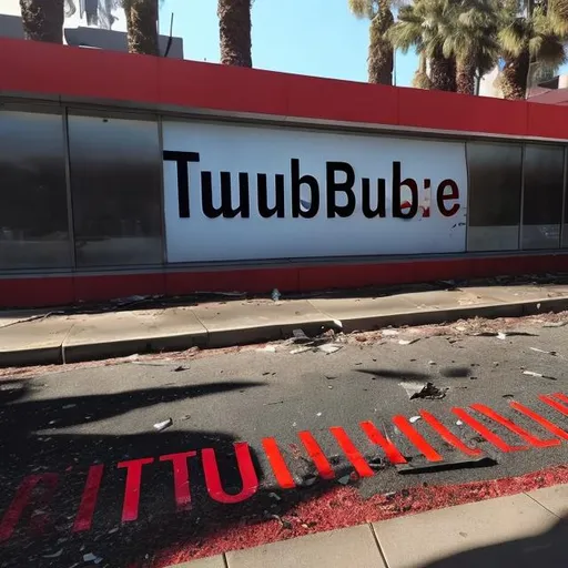 Prompt: Pictures of the damaged outside of the YouTube headquarters,with a very damaged and tarnished sign with "YouTube" on it that can barely be read.