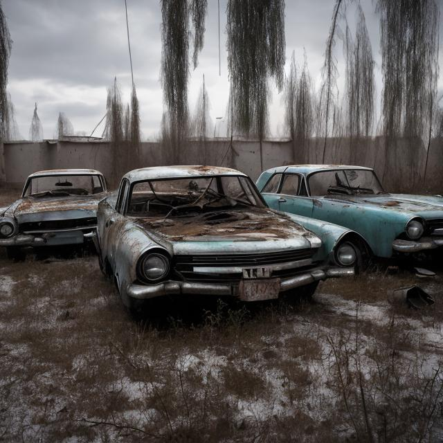 Prompt: Soviet car engines hanging outside of their damaged abandoned Soviet cars from the 1960s in an abandoned parking lot of an abandoned Soviet apartment from the 1960s.