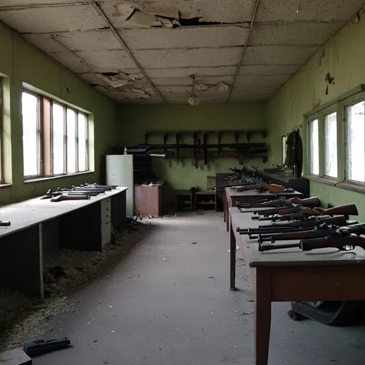 Prompt: Abandoned Soviet 1960s gun shop with some guns still inside and a work truck carrying some guns still inside.