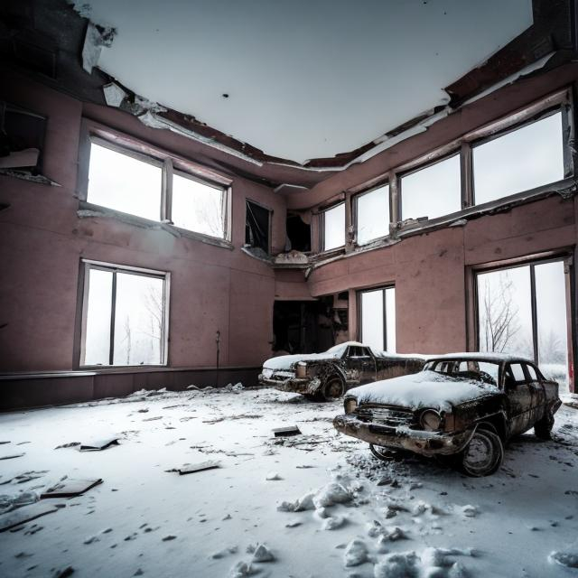 Prompt: An old abandoned Soviet office that is full with a lot of snow and old technology and a couple of crashed cars in it.