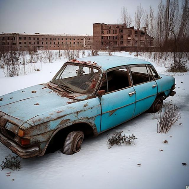 Prompt: Pictures showing a bunch of old Soviet cars stuck underneath the ice of a old dilapidated Soviet town. 