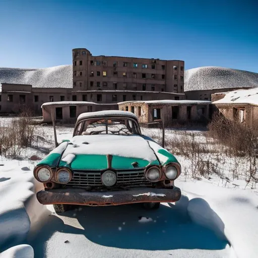 Prompt: Abandoned Soviet town from the 1960s covered in snow with abandoned Soviet 1960s cars on the streets.