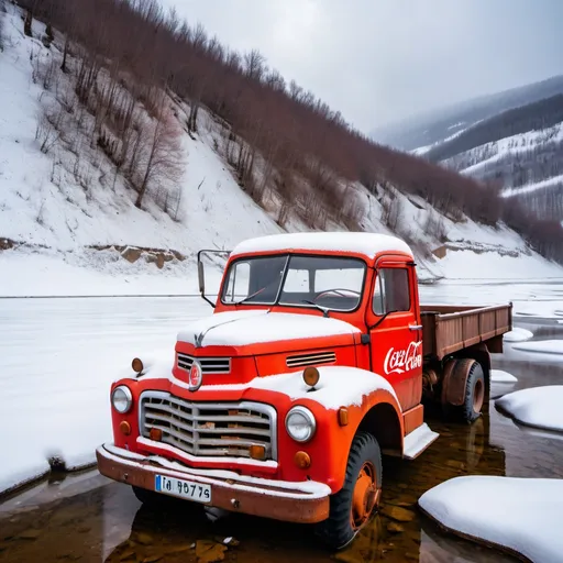Prompt: Abandoned Soviet truck full of Coca Cola from the 1960s on a snowy hillside tipped over and very rusty and slightly in a frozen river and lake.