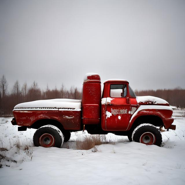 Prompt: A big red Soviet trucki from the 1960s sitting tilted over in the snow of an abandoned Soviet road from the 1960s.