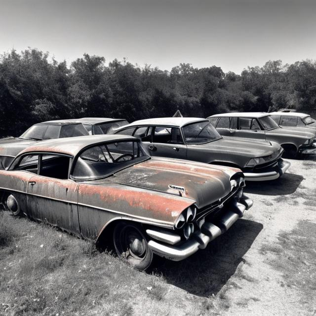 Prompt: Abandoned car parking lot with abandoned cars from the 1960 in it in the middle of the backrooms original picture.
