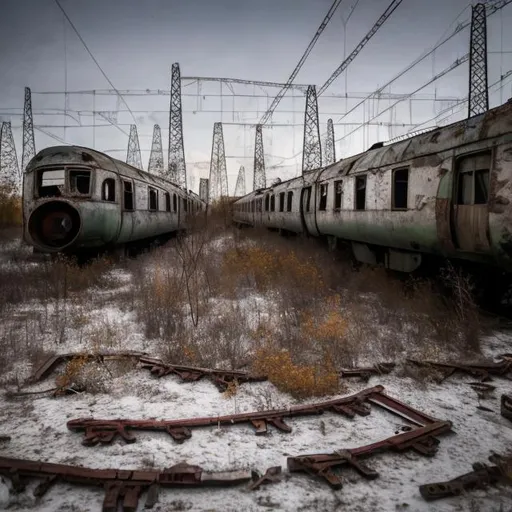 Prompt: Abandoned Soviet town with abandoned Soviet trains sitting in the background on the abandoned Soviet railway with several abandoned Soviet cars in the background.