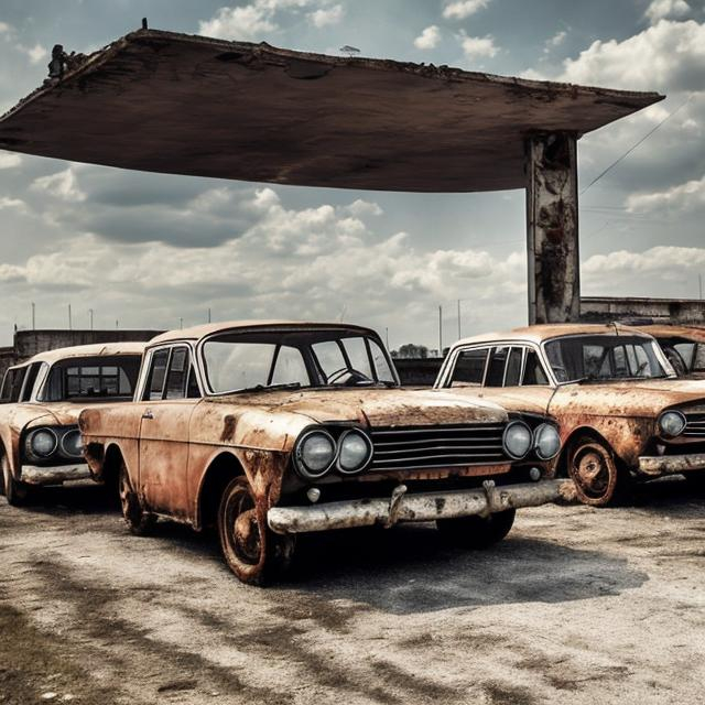 Prompt: Soviet cars from the 1960s sitting abandoned in a rusty abandoned Soviet car dealership from the 1960s.