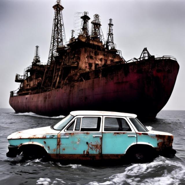 Prompt: Old Soviet cars from the 1960s sinking in an abandoned Soviet oil rig.