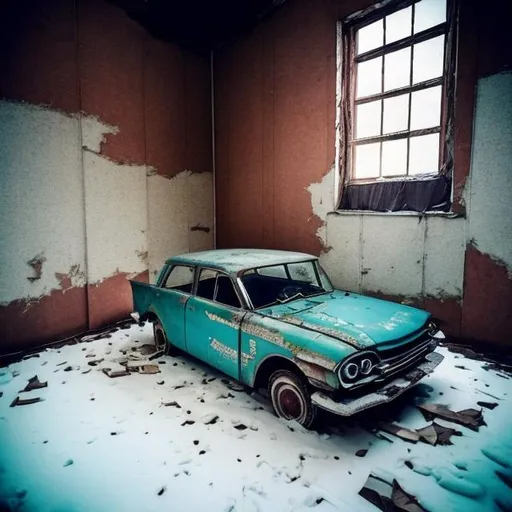 Prompt: 1960s abandoned Soviet car box style that has snow covering it and is inside of an old abandoned Soviet office building from the 1960s.