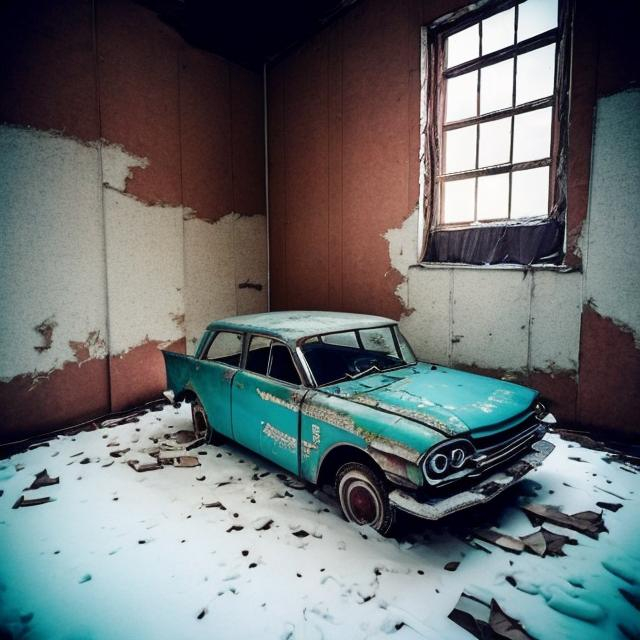 Prompt: 1960s abandoned Soviet car box style that has snow covering it and is inside of an old abandoned Soviet office building from the 1960s.