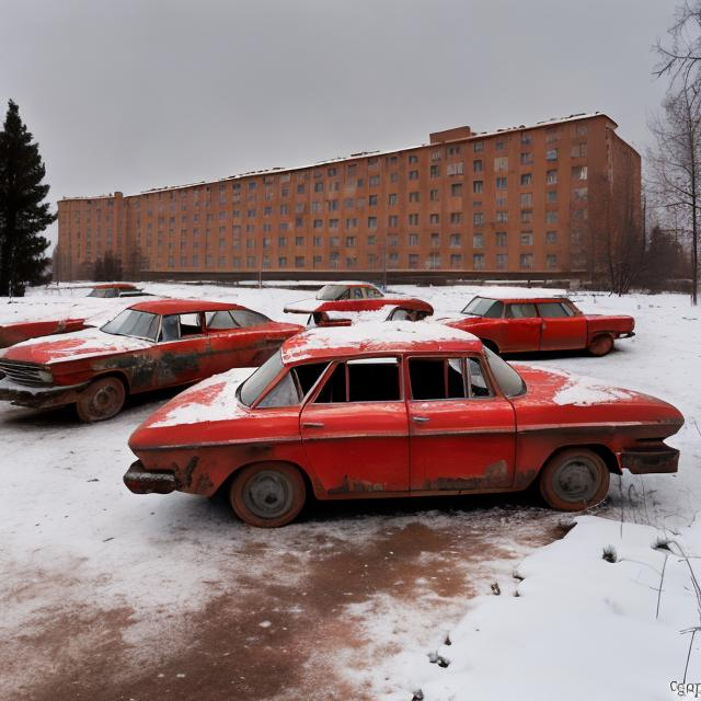 Prompt: Abandoned 1960s Soviet hotel colored red with abandoned Soviet cars in the parking lot from the 1960s with snow in the background in various different colors, mostly bland ones though.