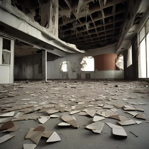 Prompt: Giant bell fragments on the floor of an abandoned giant office building from the 1960s.
