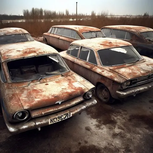 Prompt: Soviet cars from the 1960s sitting abandoned in a rusty abandoned Soviet car dealership from the 1960s.