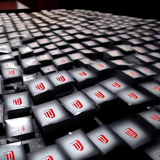 Prompt: YouTube Play Buttons sitting in a dark dimly lit room of the YouTube headquarters that have never been used.