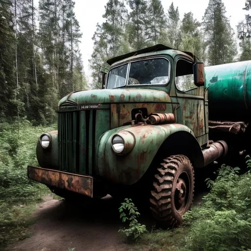 Prompt: Abandoned 1940s Soviet logging truck that is slightly tilted over in the forest and is still carrying a giant log on it that was never used.