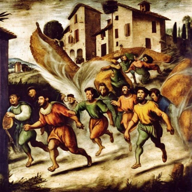 Prompt: Villagers of a small village in Italy in the 1500s running towards a giant piece of bread with olive oil on it that fell from the sky.