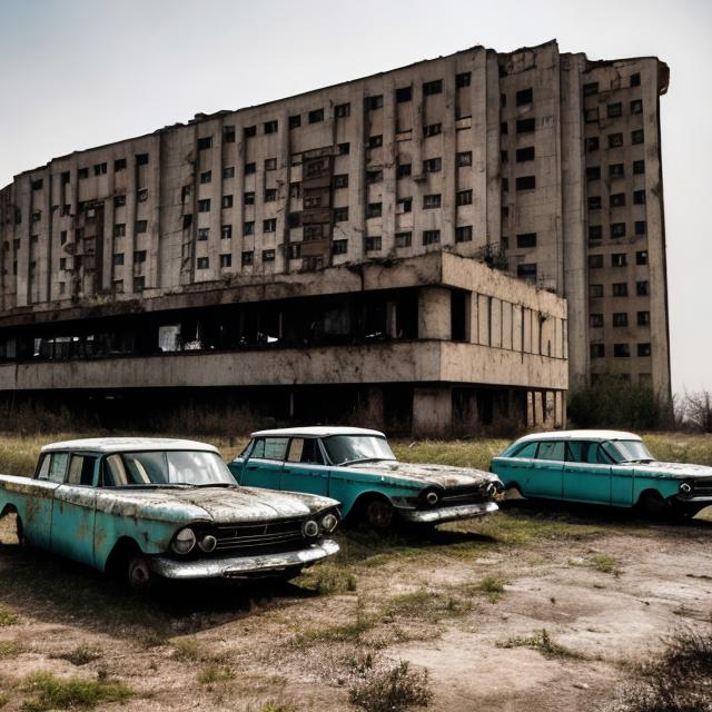 Prompt: Abandoned 1960s Soviet hotel with abandoned Soviet cars in the parking lot from the 1960s.